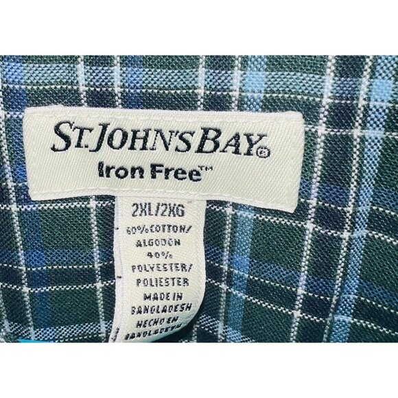St. Johns Bay Iron Free Mens Green/Blue Plaid Button-Down Shirt 2XL - Picture 3 of 3